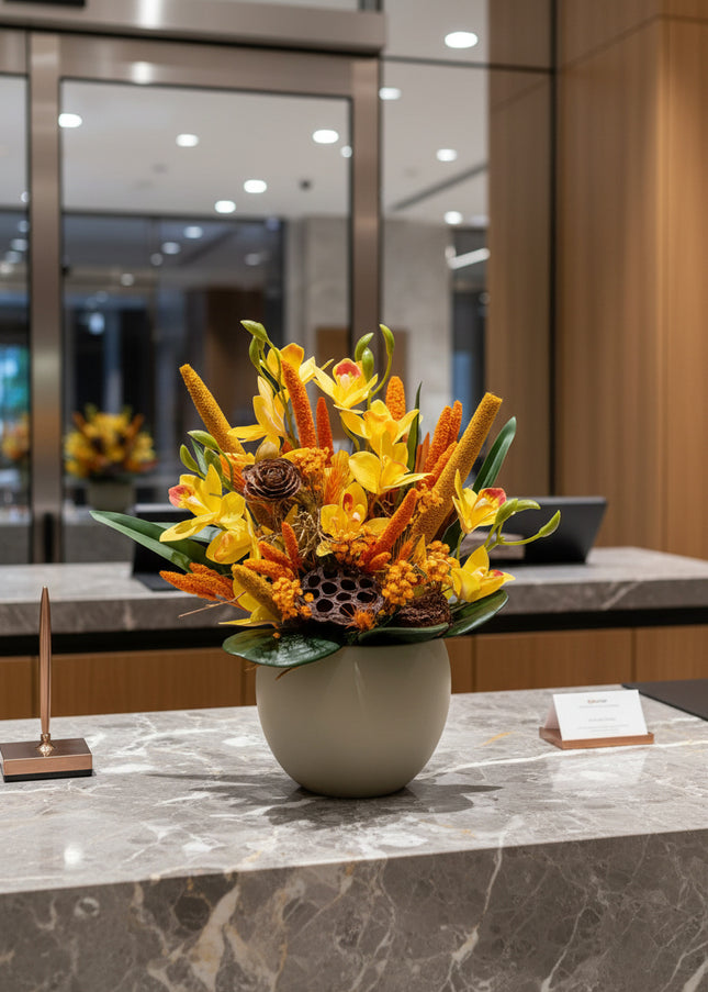 Aranjament floral „Sunset Glow” în vas ceramic – orhidee galbene și accente calde