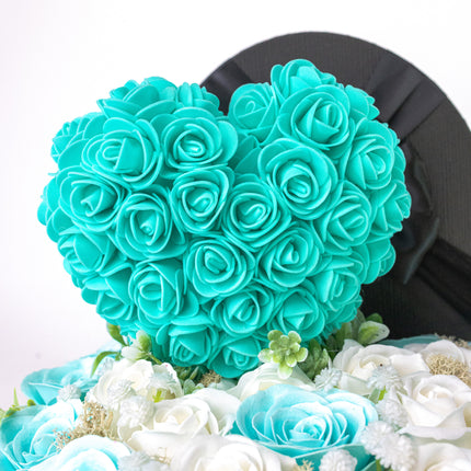 Aranjament Lux Inimă Trandafiri Săpun Turcoaz-Alb