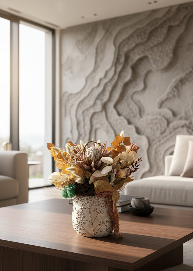 Aranjament Floral „Ivory & Earth” în Vas Ceramic Texturat – Compoziție Handmade cu Protea Albă, Lotus și Elemente Botanice Conservate