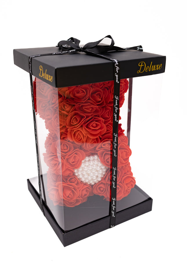 Aranjament de Lux "Ruby Pearl Teddy" în Cutie Dior Style