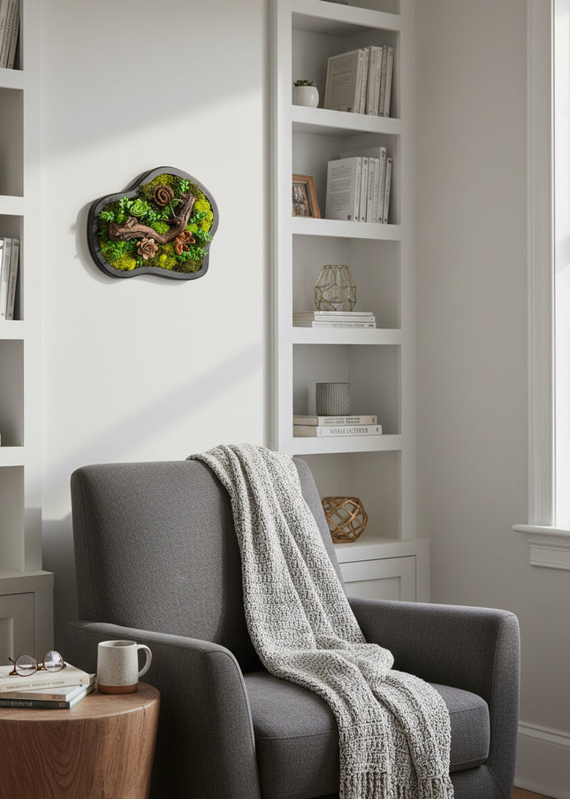 Tablou Biophilic „Amazonian Flow” – Panou Decorativ Handmade cu Formă Organică, Mușchi Stabilizat și Relief Sculptural