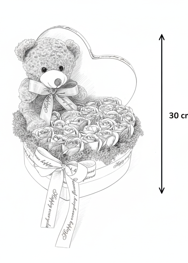 Aranjament Inimă Lux Trandafiri Roz-Albastru & Ursuleț