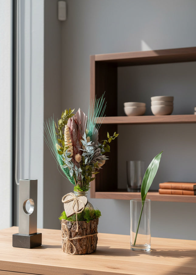Aranjament Floral „Soft Serenity” pe Bază de Lemn – Creație Handmade cu Protea Roz, Palmier Pastel și Accente Turcoaz