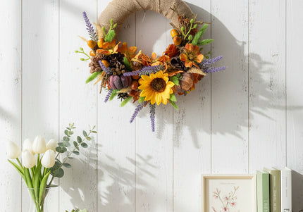 Coroniță Florală Handmade „Autumn Sun” – Aranjament pe Bază de Iută cu Floarea-Soarelui, Dovleci și Lavandă
