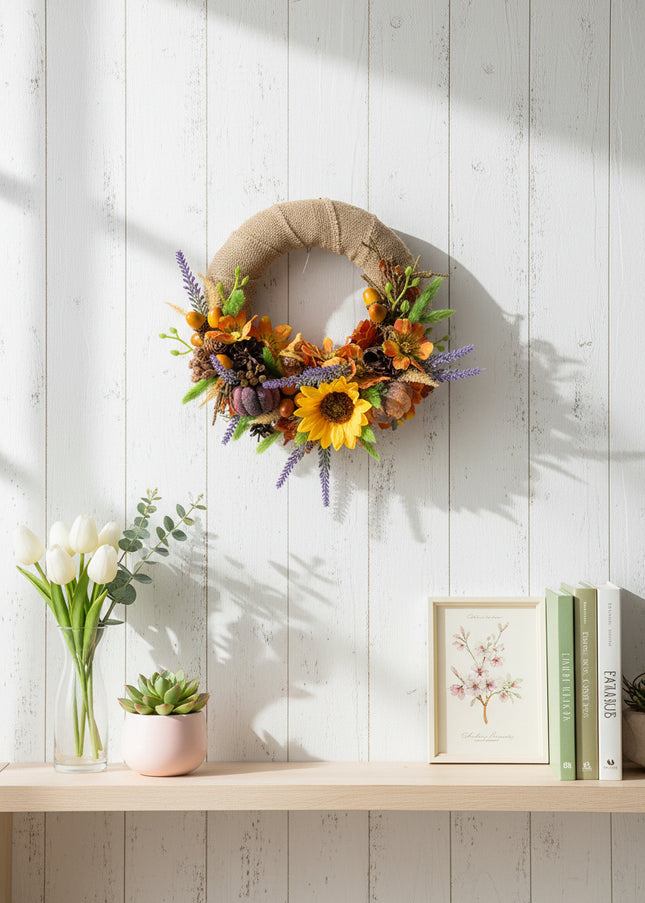 Coroniță Florală Handmade „Autumn Sun” – Aranjament pe Bază de Iută cu Floarea-Soarelui, Dovleci și Lavandă
