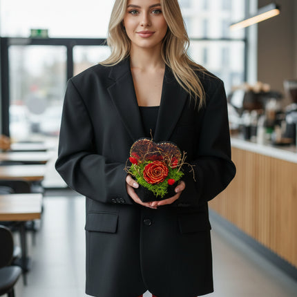 Aranjament Inimă Paiete & Catifea, Trandafir Criogenat Roșu cu Aur