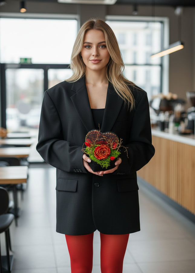 Aranjament Inimă Paiete & Catifea, Trandafir Criogenat Roșu cu Aur