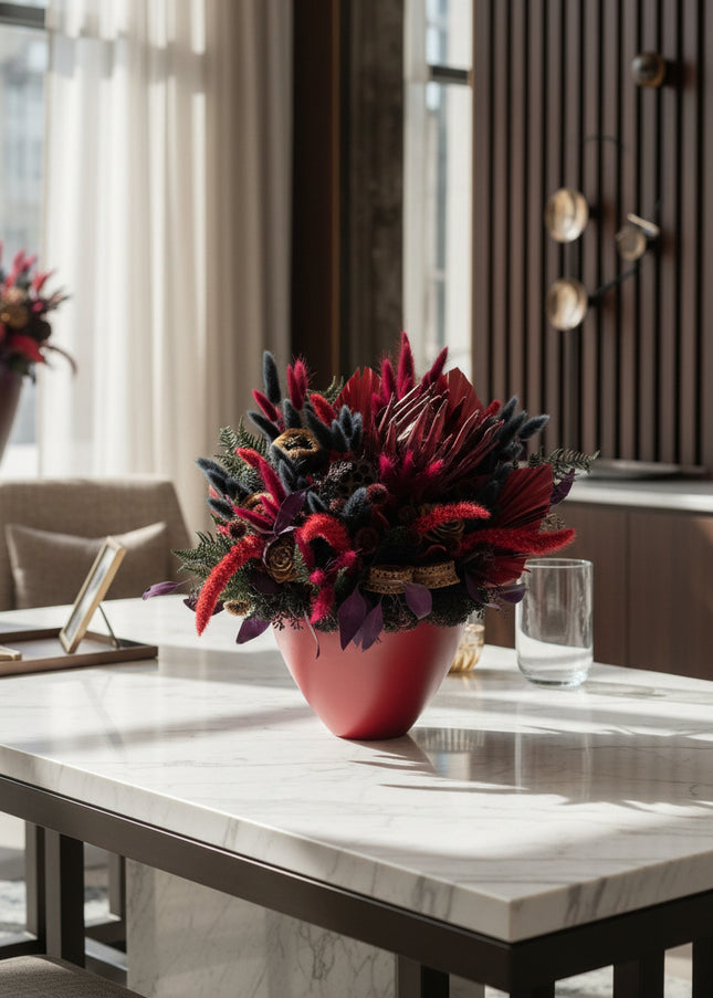 Aranjament Floral „Scarlet Royalty” în Vas Bordo – Compoziție Luxury cu Protea King, Evantai Palmier și Accente Negru Abis