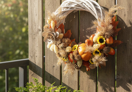 Coroniță Handmade „Autumn Whispers” – Aranjament Floral pe Bază de Răchită Albă cu Dovleci, Floarea-Soarelui Mică și Spice