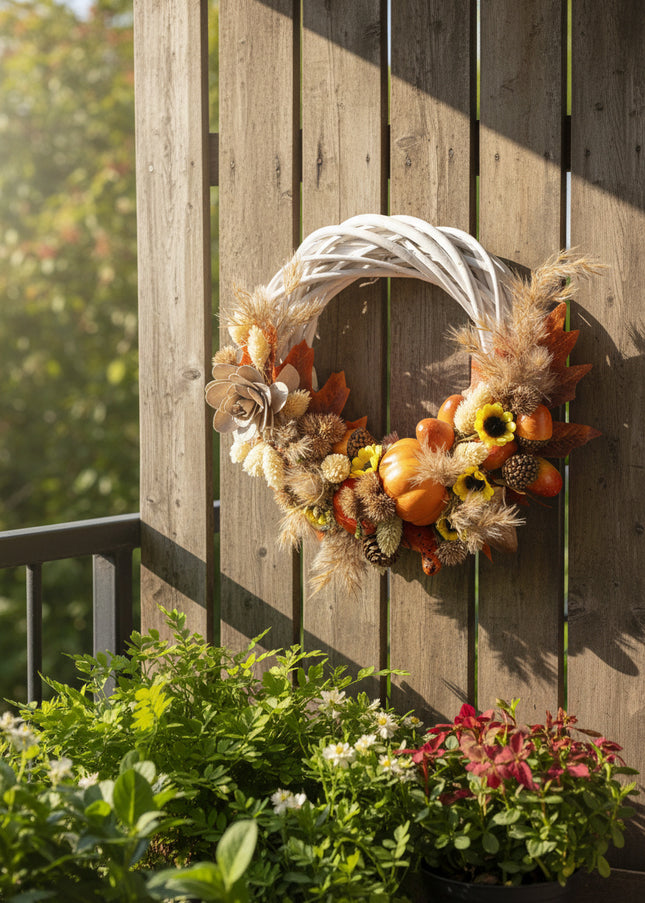 Coroniță Handmade „Autumn Whispers” – Aranjament Floral pe Bază de Răchită Albă cu Dovleci, Floarea-Soarelui Mică și Spice