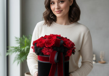Aranjament 15 Trandafiri Criogenați Roșii, Cutie Catifea