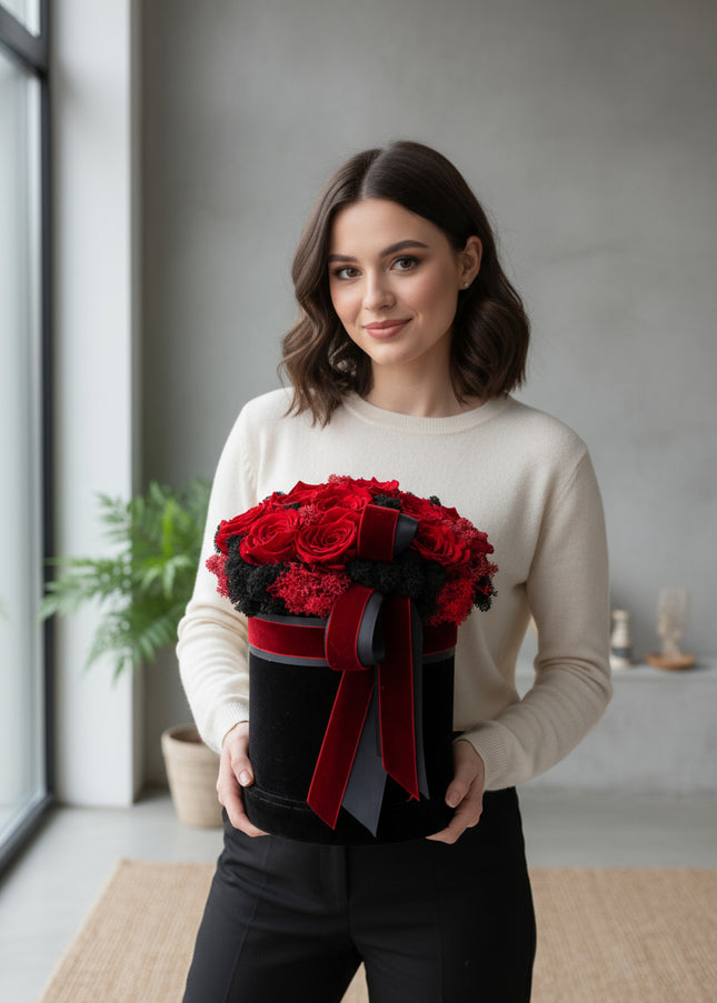 Aranjament 15 Trandafiri Criogenați Roșii, Cutie Catifea
