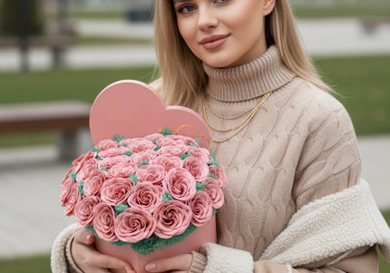 Aranjament "Pink Serenity" în Cutie Inimă Roz Pastel