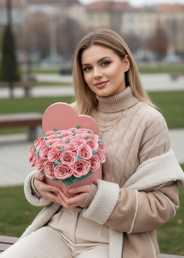 Aranjament "Pink Serenity" în Cutie Inimă Roz Pastel
