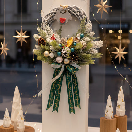 Coroniță Crăciun "Wise Owl" pe Lemn Împletit Gri-Lavandă