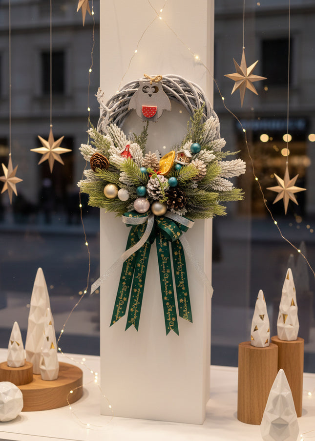 Coroniță Crăciun "Wise Owl" pe Lemn Împletit Gri-Lavandă