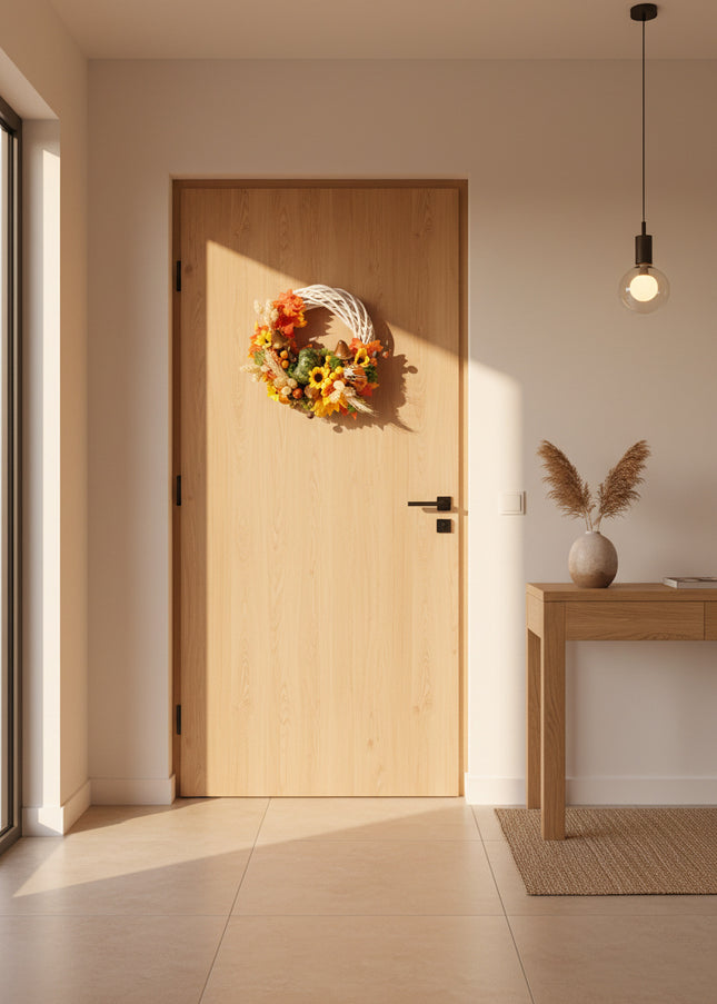 Coroniță Handmade „Autumn Forest Tale” – Aranjament cu Dovleci, Ciuperci și Spice pe Bază de Răchită Albă