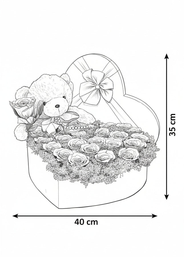 Aranjament Inimă Lux 27 Trandafiri Criogenați Roșii & Ursulet