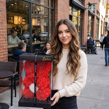 Aranjament de Lux "Ruby Pearl Teddy" în Cutie Dior Style