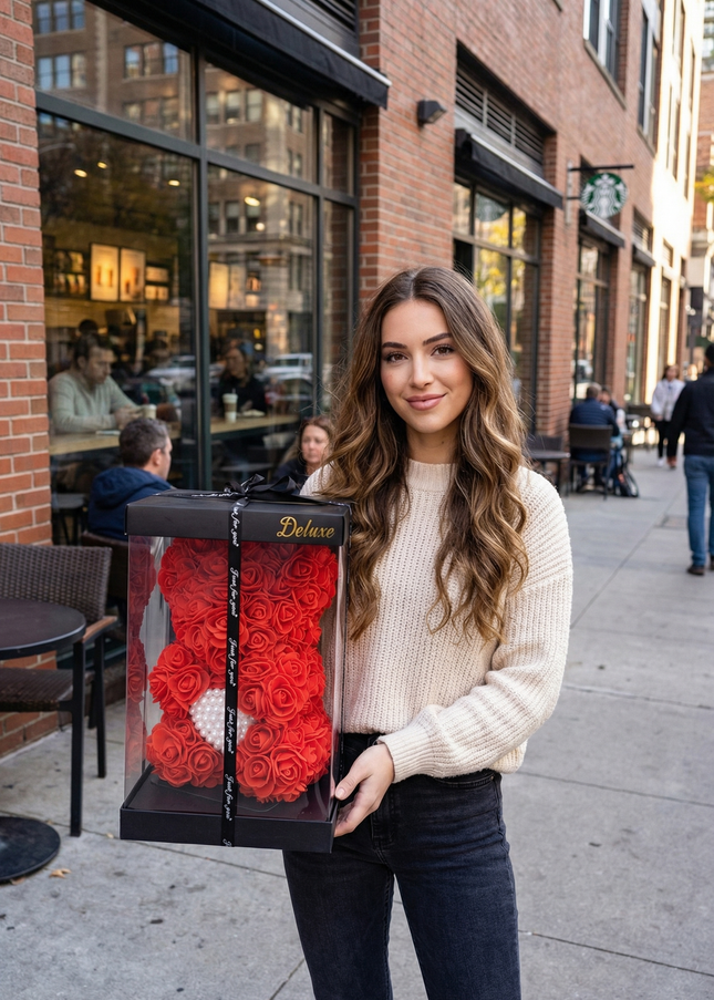 Aranjament de Lux "Ruby Pearl Teddy" în Cutie Dior Style