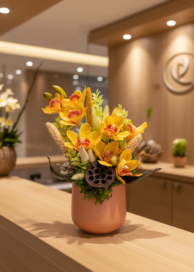 Aranjament Floral „Cymbidium Gold” în Vas Mat – Creație Handmade cu Orhidee Galbene și Accente Botanice Exotice