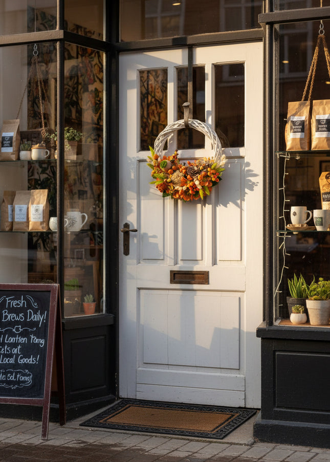 Coroniță Handmade „Harvest Sun” – Aranjament Floral pe Bază de Răchită Albă cu Flori de Câmp și Dovleci