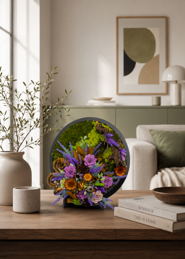 Tablou decorativ „Purple Forest” – aranjament decorativ cu mușchi și flori