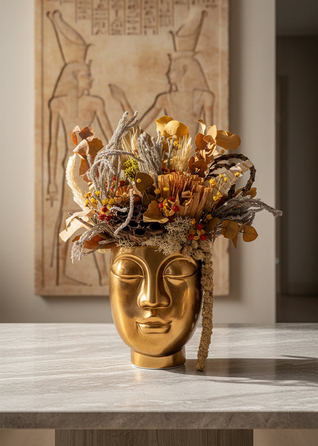 Aranjament Floral „Golden Muse” în Vas Sculptural Auriu – Decor de Lux cu Flori Uscate, Eucalipt și Accente Solare