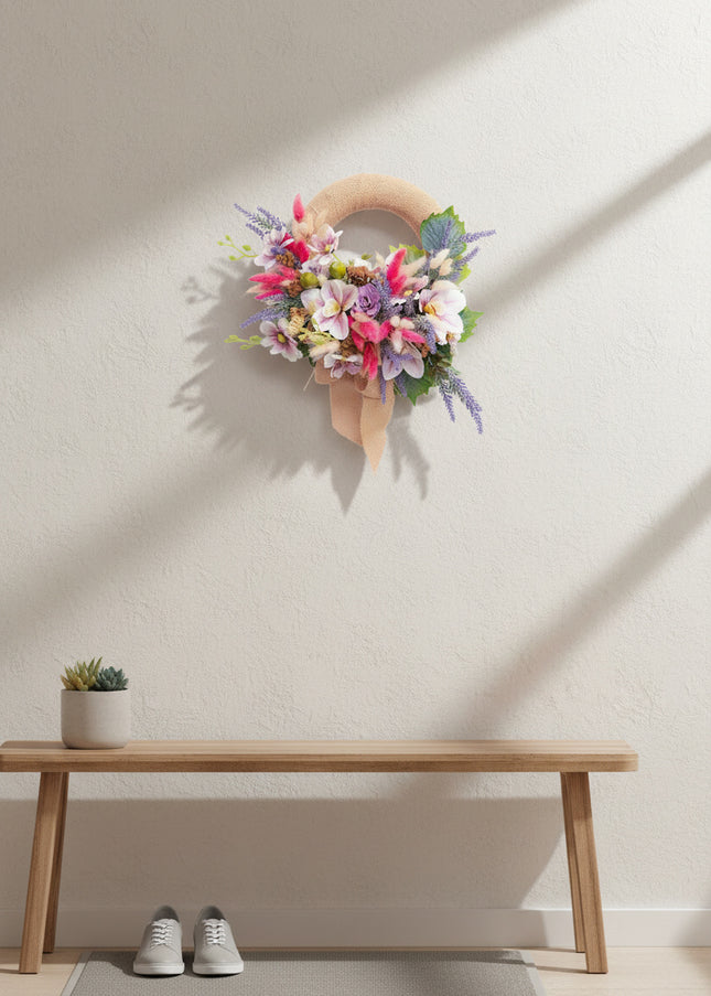 Coroniță Florală Handmade „Boho-Chic Dream” – Aranjament cu Iută, Flori Exotice și Accente de Lavandă