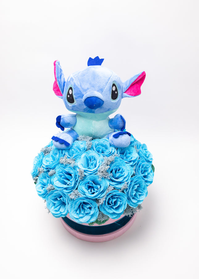 Aranjament 23 Trandafiri Imperiali Săpun (Glitter) & Pluș Stitch