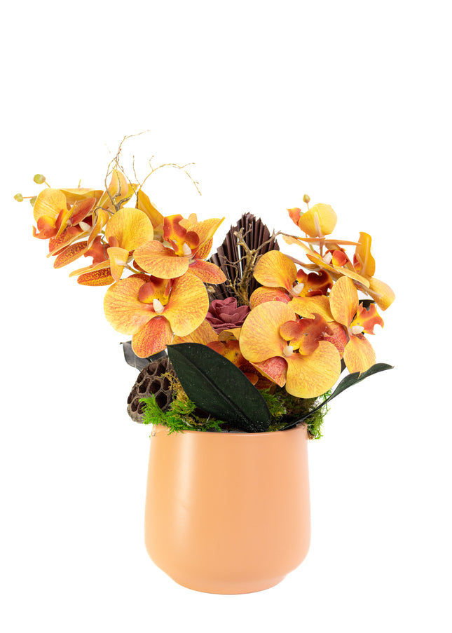 Aranjament Floral „Orchid Sunset” în Vas Ceramic – Compoziție Premium cu Orhidee Portocalii, Licheni și Accente Exotice