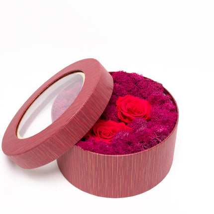 Aranjament Lux 3 Trandafiri Criogenați Roșii, Cutie cu Fereastră